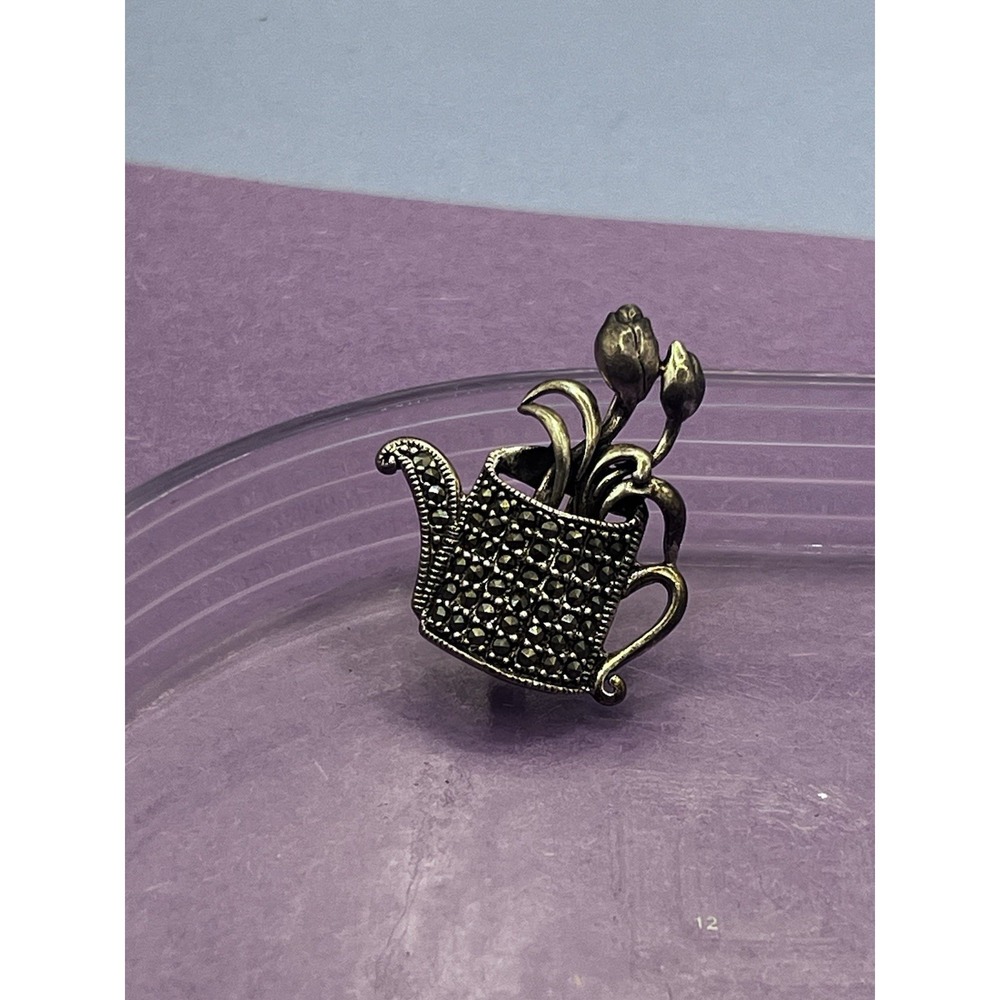 Vintage Watering Can W/ Tulips Marcasite Brooch Lapel Pin .925 Sterling Silver